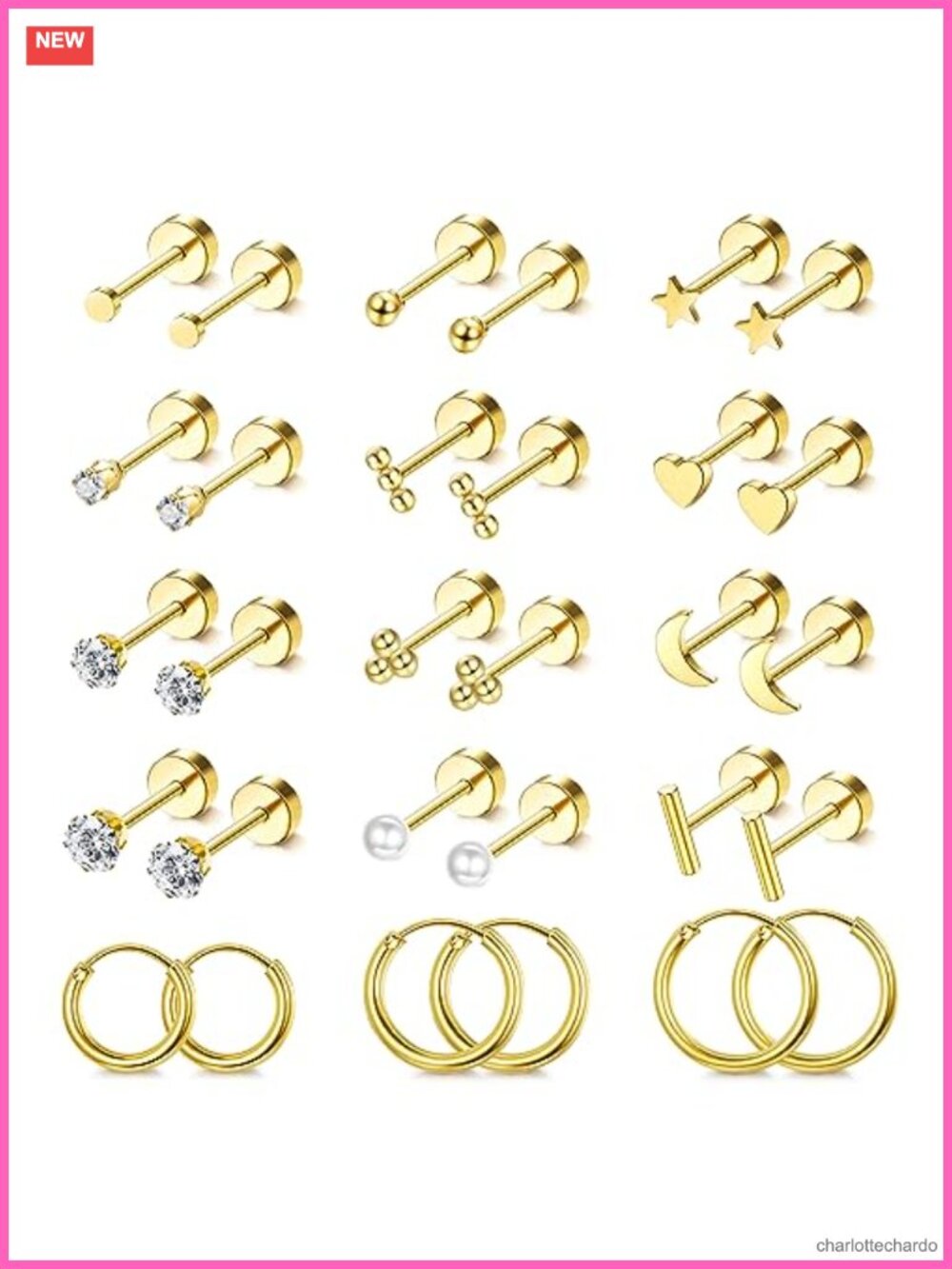 14K Gold Plated Hypoallergenic Flat Back Stud Earrings Set with Hoops for